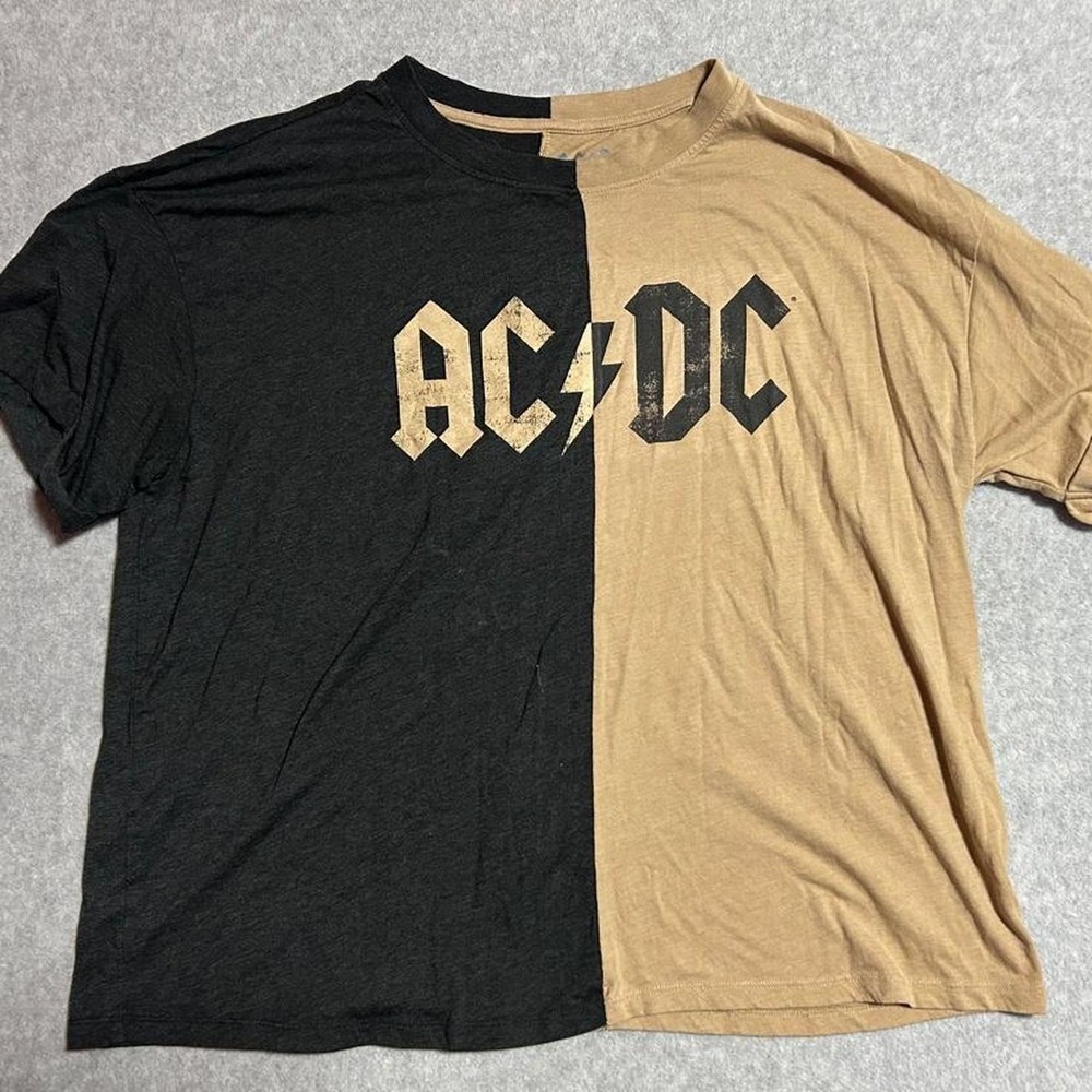 AC/DC Women's XL Black and Beige split color t-shirt with AC/DC logo